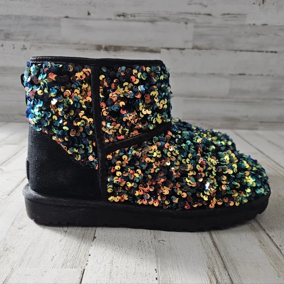 UGG Classic Mini Stellar Sequin 1112515 Black Multi Color Womens Sz 7 Boots - Picture 2 of 8